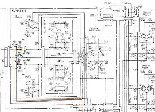Denon PMA-920 schematic detail tone amp section C101 marked