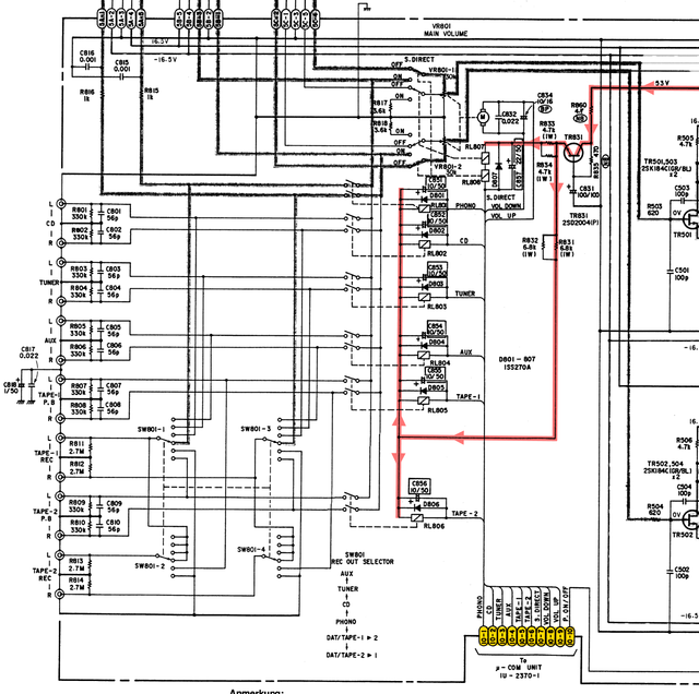 Denon PMA-980R schematic detail input selector relays