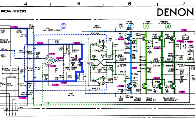 Denon POA-2200 schematic detail left power amp final stages 5-8 marked