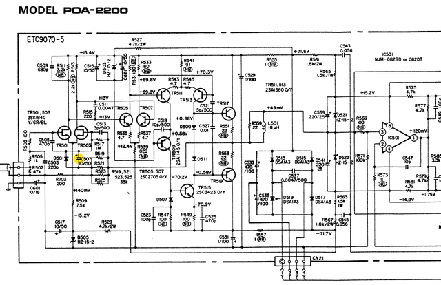 Denon POA 2200 Schematic Detail Left Power Amp Voltage Stages Cap Marked