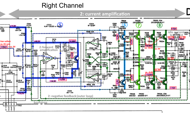 Denon POA-2200 schematic detail right power amp only current amp stages and voltages