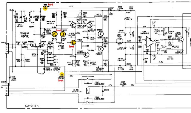 Denon POA-6600 schematic detail power amp hot transistors and resistors in VAS marked