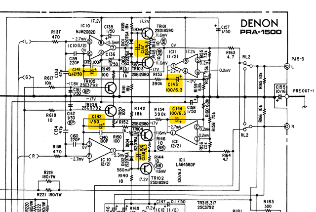 Denon-PRA1500 schematic detail line out section recap marked