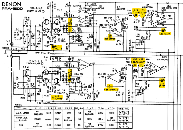 Denon-PRA1500 schematic detail phono equalizer section recap marked