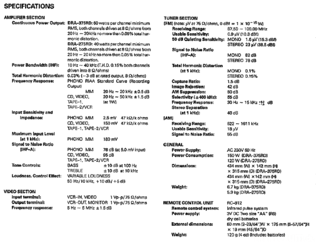 Denon Receiver DRA-275RD technical specification