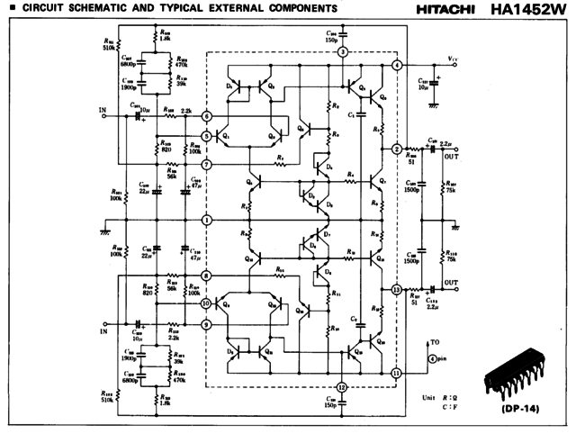 HA1452W Hitachi OpAmp equivalent circuit schematic and typical external components appliation