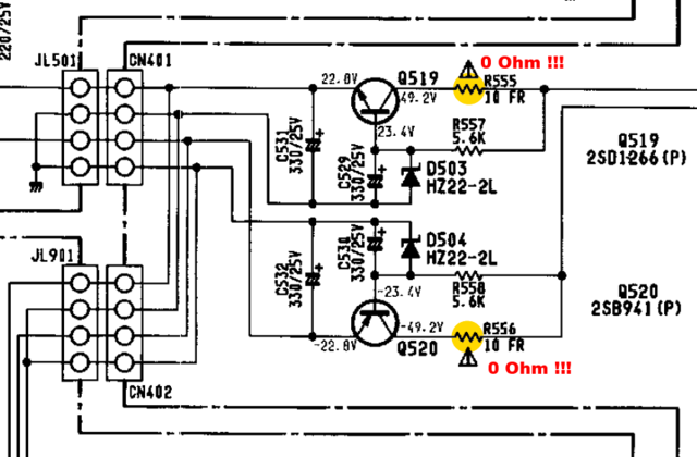 Harman Kardon HK6500 schematic detail +-22V voltage regulator faulty zero Ohm pre-resistor