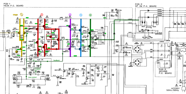 Harman Kardon HK660 schematic detail left power amp v02 stages marked