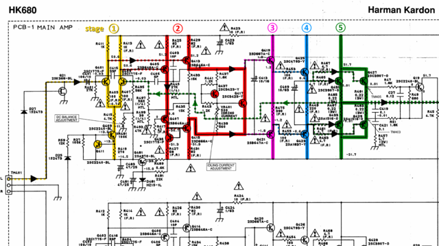 Harman Kardon HK680 schematic detail left power amps stages marked