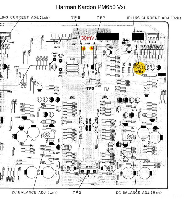 Harman Kardon PM650 Vxi PCB Layout detail Idling Current Adjustment