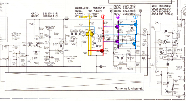 Hitachi HA-330 schematic detail power amp and protection circuit stages marked