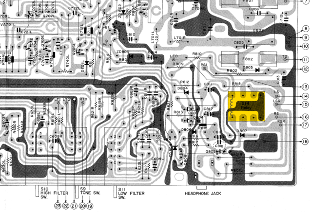 Hitachi HA 5300 PCB Layout Detail Speaker Relay Marked