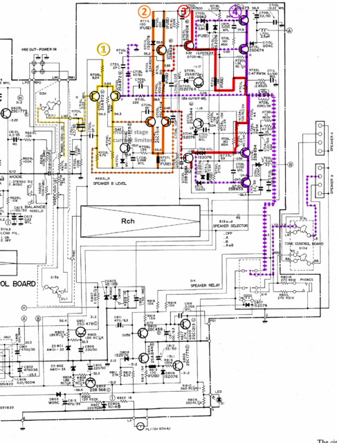 Hitachi HA-5300 schematic detail left power amp stages marked