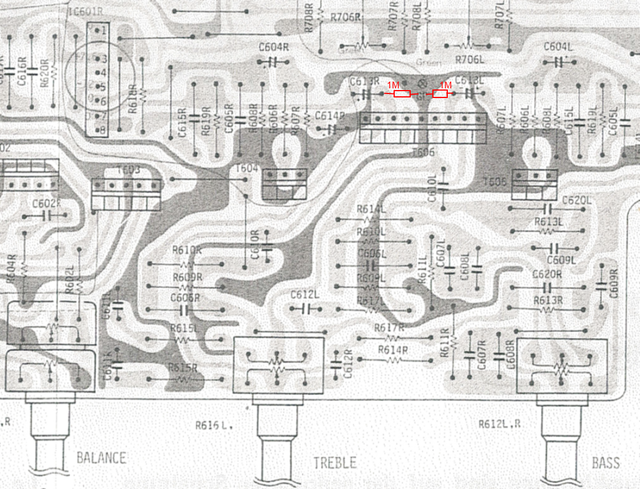 Hitachi HA-5700 PCB layout tone defeat switch connector with extra resistor