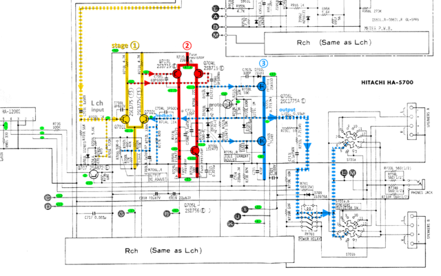 Hitachi HA-5700 schematic detail power amp stages and voltages marked