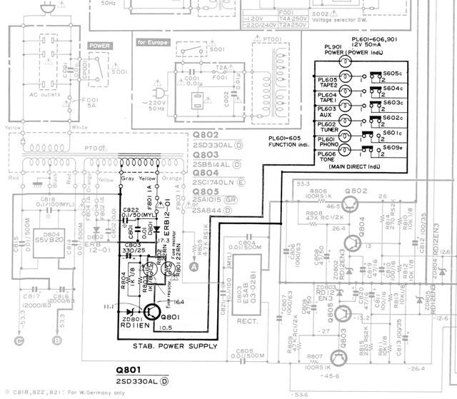 Hitachi HA-6800 schematic detail power supply and regulators with indicator lights marked