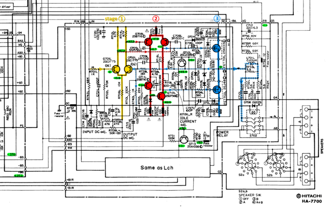 Hitachi HA-7700 schematic detail left power amp stages marked