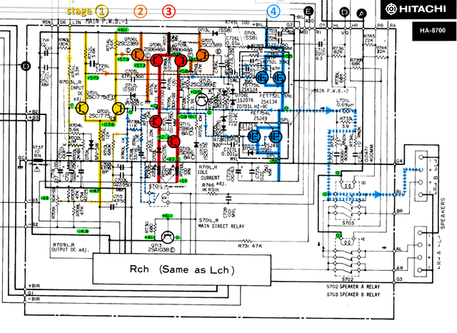 Hitachi HA-8700 Schematic Detail Left Power Amp Stages Marked