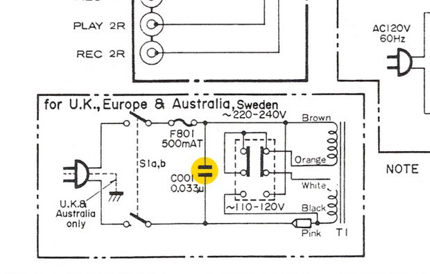 Hitachi HCA-7500 schmatic detail mains in transformer X2 capacitor