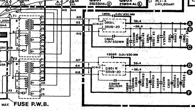 Hitachi HMA-7500 MkII schematic detail main power supply right channel electrolytics and rectifier