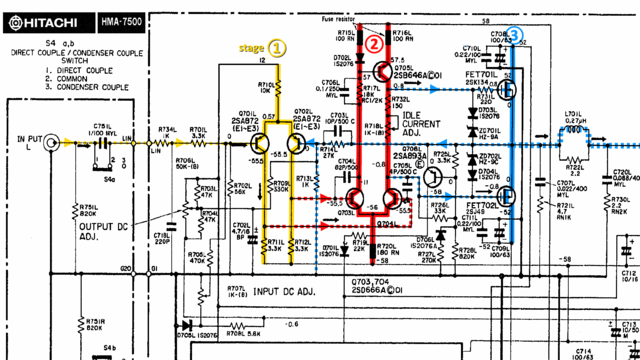 Hitachi HMA-7500 Schematic Detail Left Power Amp Stages Marked