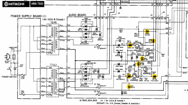 Hitachi HMA-7500 Schematic Detail Power Supply With Critical Components Marked