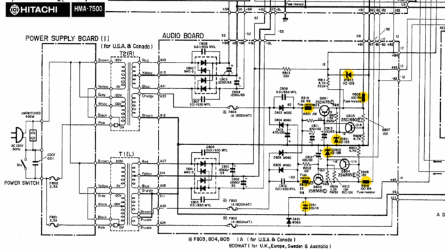 Hitachi HMA-7500 schematic detail power supply with critical components marked