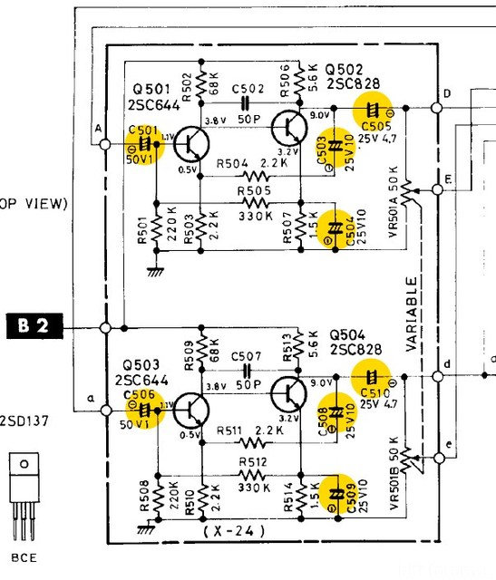 Hitachi RT-220 schematic detail audio amplifier recap electrolytics