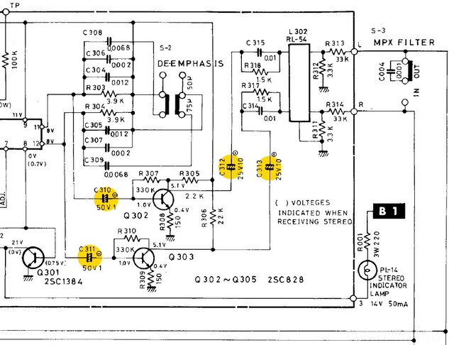 Hitachi RT 220 Schematic Detail Stereo Decoder Recap Electrolytics