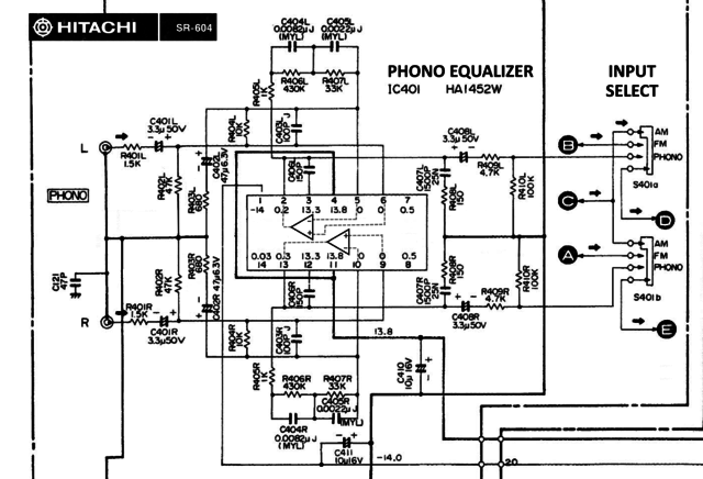 Hitachi SR-604 schematic detail phono equalizer circuit