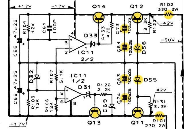 Kenwood KA-5040R schematic detail voltage regulator preamp heat damage marked