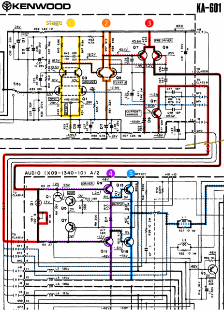 Kenwood KA-601 schematic detail left power amp stages marked