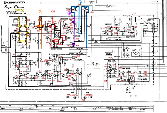 Kenwood Super Eleven Schematic Detail Power Amps And Protection Stages Marked