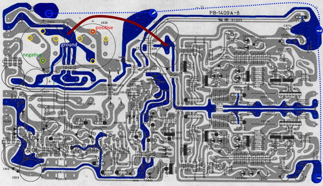 L-410 Main PCB Layout with capacitor pins marked and ground cross-connect