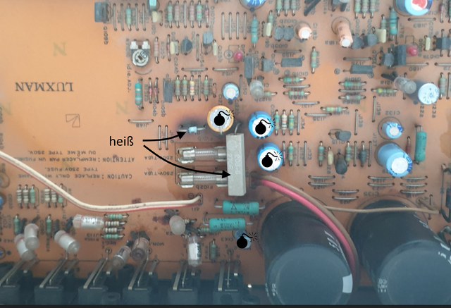 Luxman L-210 inside picture hot Zener diode and resistor causing damage to electrolytic caps