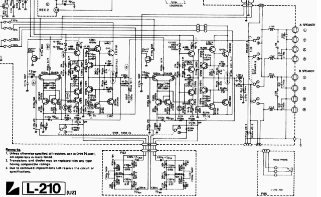 Luxman L-210 schematic detail both power amp channels with loudspeaker switches and terminals