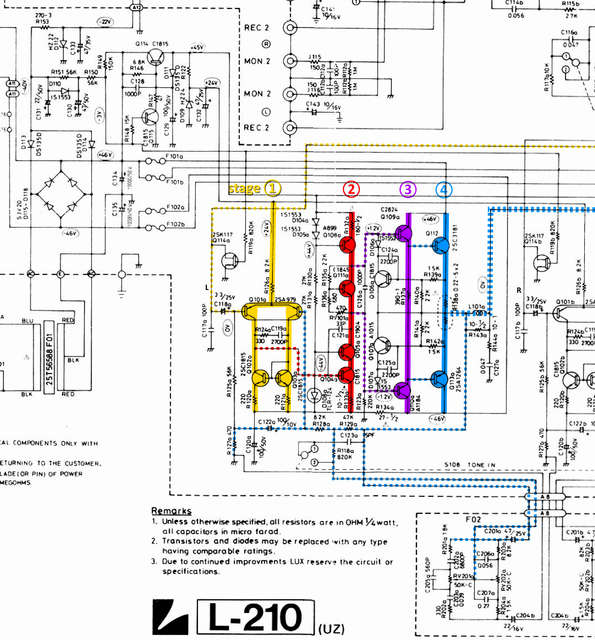 Luxman L-210 schematic detail left power amp and power supply with positive regulators stages marked