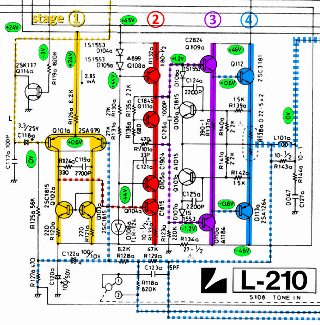 Luxman L-210 schematic detail left power amp stages marked