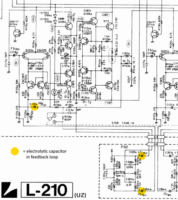 Luxman L-210 schematic detail left power amp with electrolytic caps in feeback marked