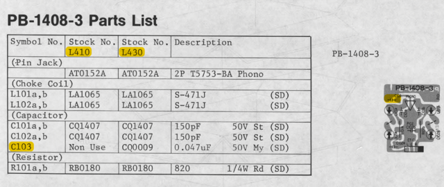 Luxman L-410 L-430 Phono input PCB layout and parts list ground connection C103 47nF marked