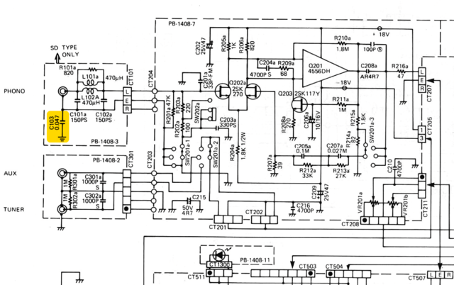 Luxman L-410 L-430 schematic detail phono equalizer with ground connection C103 47nF marked