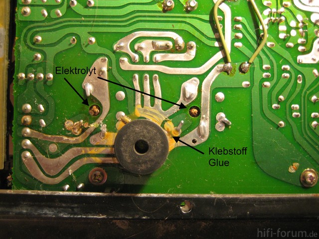 Luxman L-410 Leaking Electrolytic Capacitors bottom PCB view