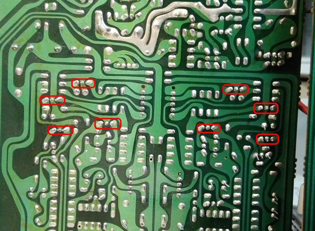 Luxman L-410 PCB with bad solder joints of TO126 transistors