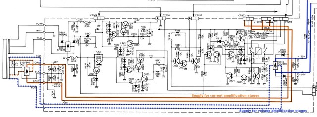 Luxman L-410 schematic detail supply voltages for pawer amp section