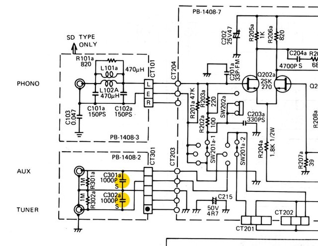 Luxman L 410 Tuner & Aux Input Capacitors In Schematic