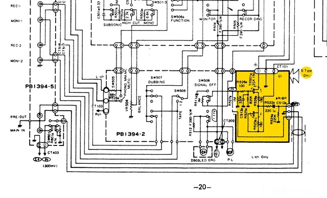 LUXMAN L-510 L-530 Schematic pre-out main-in detail S-type only