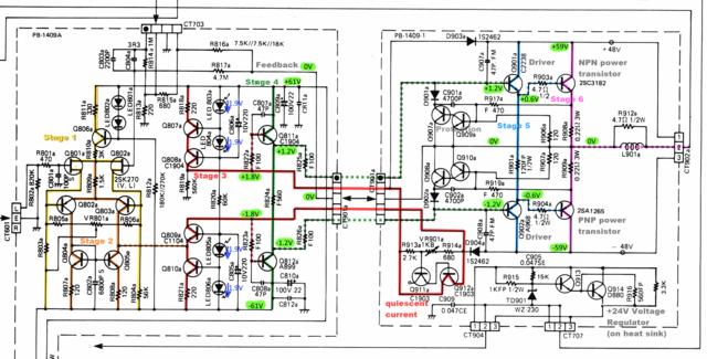 Luxman-L410 Power Amp Section Schematic stages and voltages marked v2