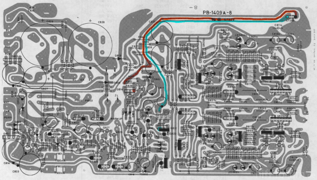 Luxman-L410_430 Main PCB Layout 18V supply voltage for phono marked