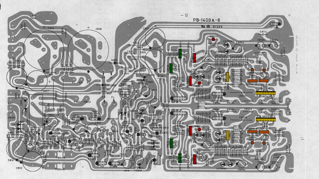 Luxman-L410_430 Main PCB Layout transistors of stages marked