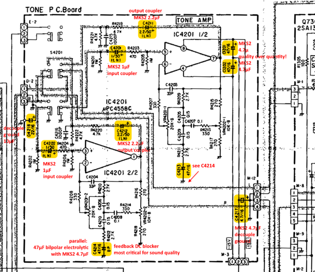 Luxman LV-105 Schematic Detail Tone Amp Capacitors Marked V2